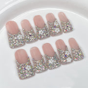 Cute Sparkle French Nails with Full Rhinestone Shine