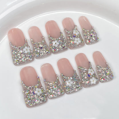 Cute, ugly and cute duck bill nail full of diamonds and flash French long handmade press on nails, wearing fake nails｜365nails
