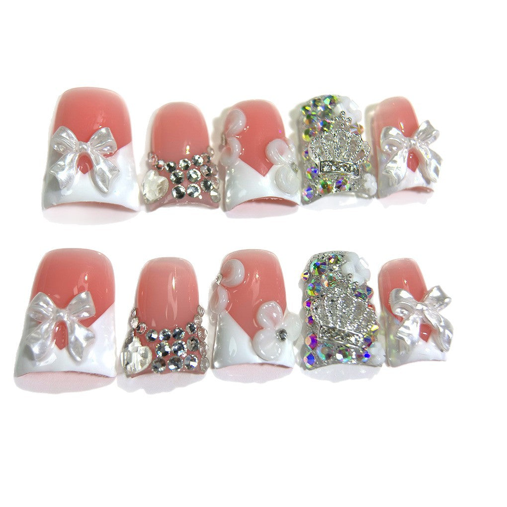 Pink White Bow Crystal French Press On Nails