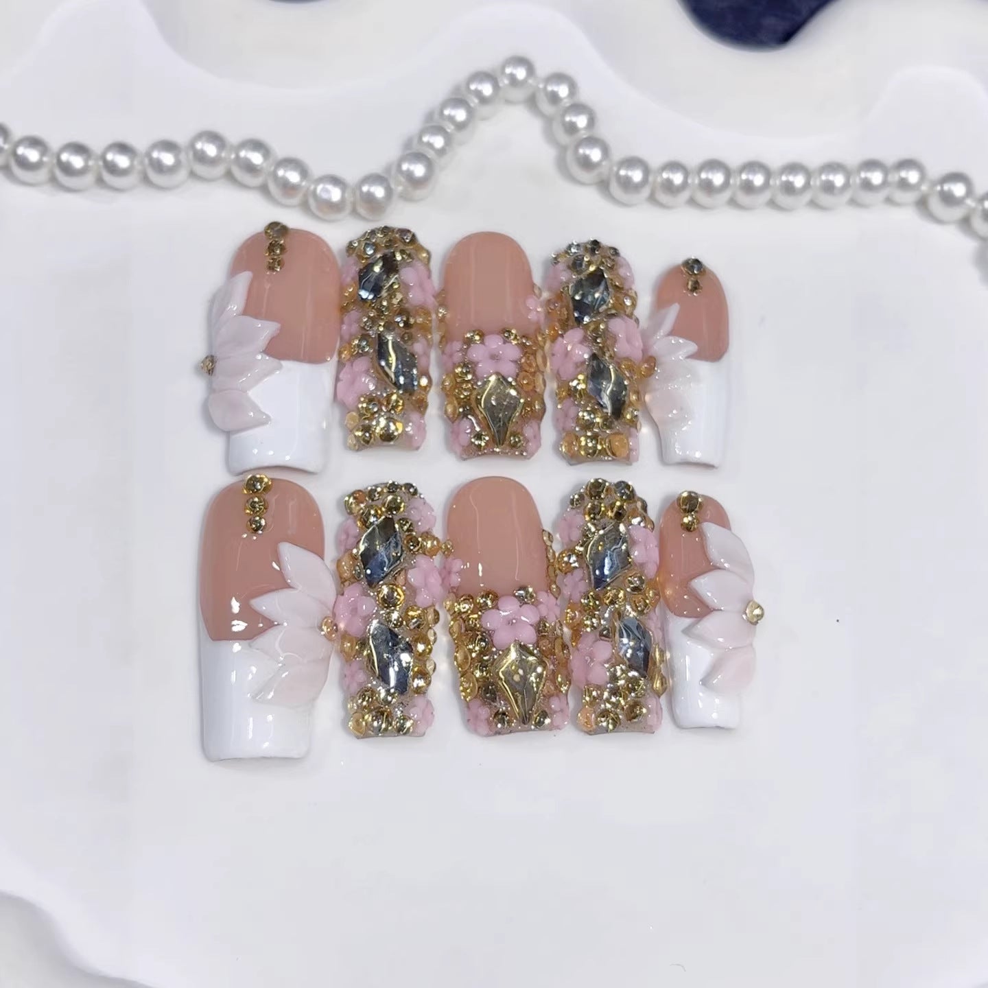 365nails: "Golden Sakura Bow" – Short Square Nude French 3D Flower Handmade Press-On Nails