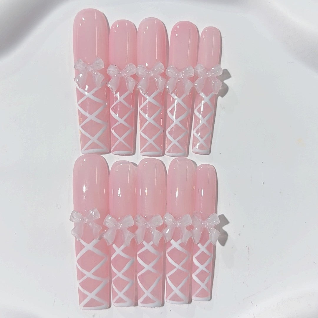柔粉蝴蝶結蕾絲甜美法式穿戴甲