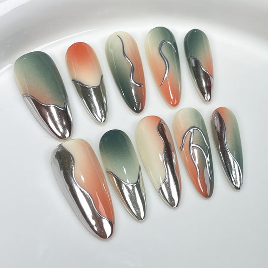 Manicure com mudança gradual de aerógrafo, modelagem irregular de metal, adesivo de remendo longo para manicure Spice Girls ｜ 365nails