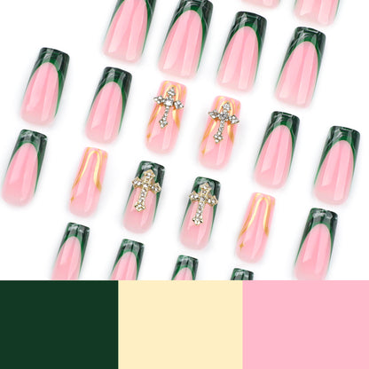 French green smudge manicure fake  gold dot diamond luxury cross    ｜365nails