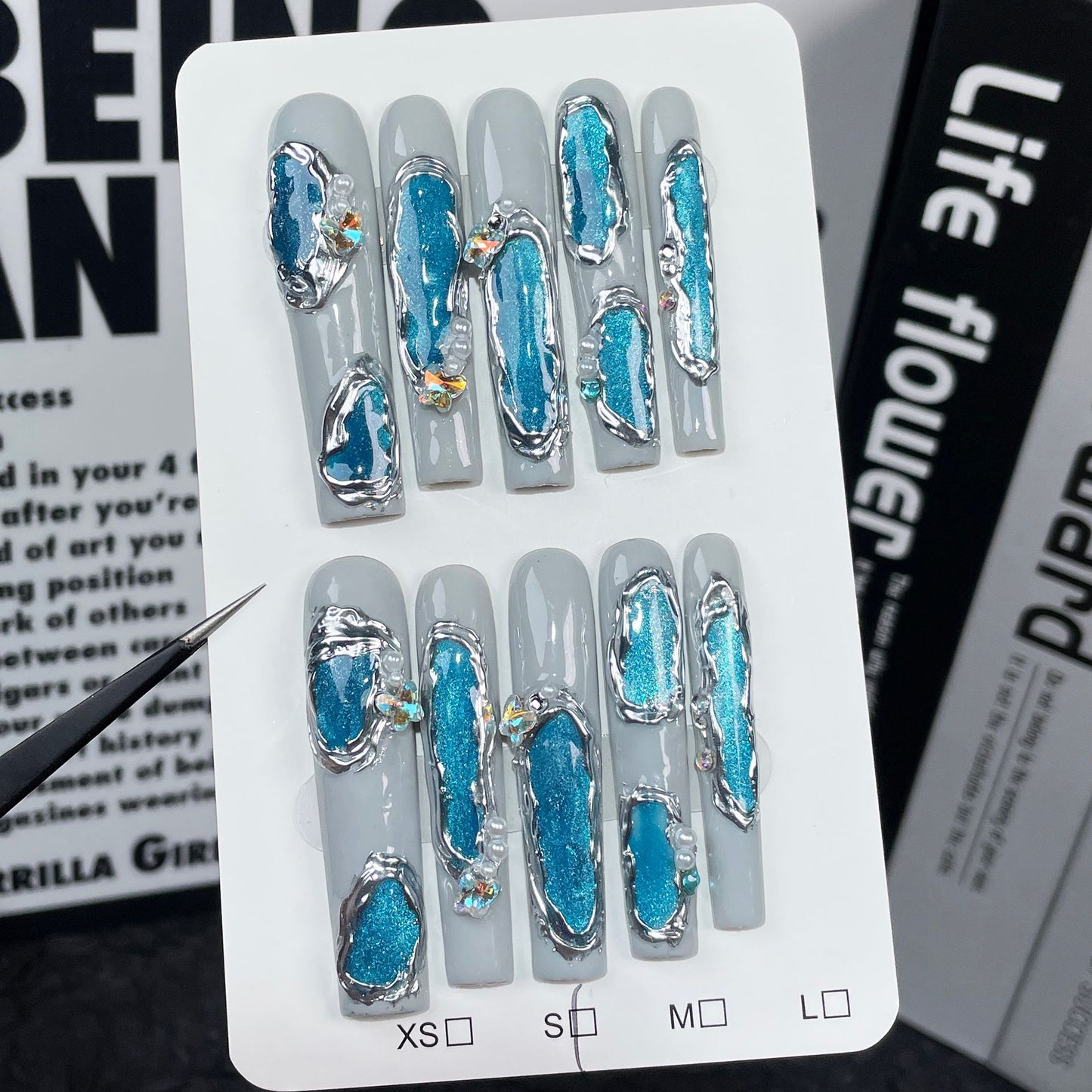 Super long water pipe manicure irregular shape blue cat eye handmade press-on nails advanced light luxury manicure patch｜365nails
