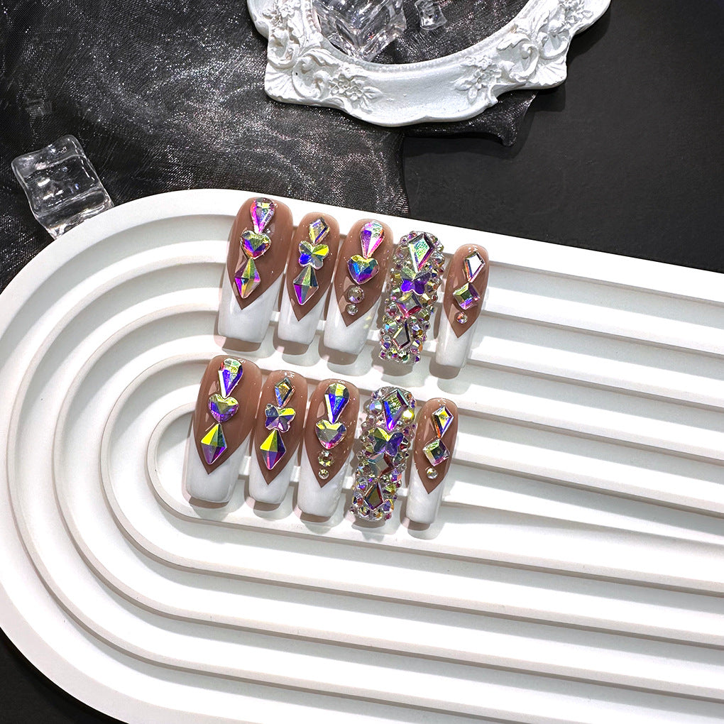 White Slanted French AB Crystal Press-On Nails