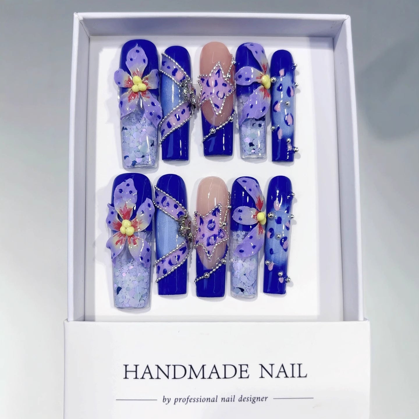 Blue Floral Sculpted Art Crystal Statement Press On Nails