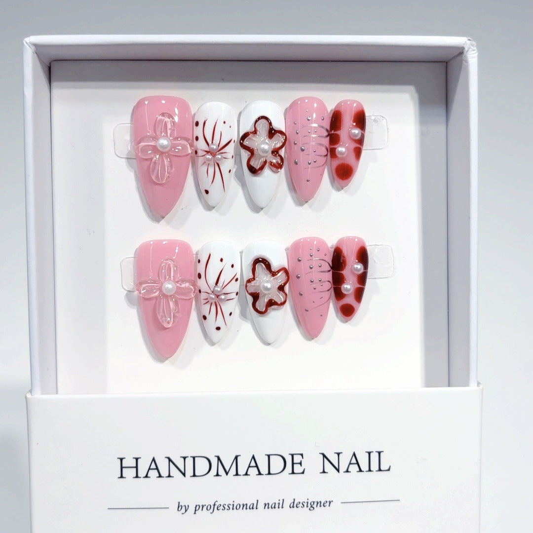 Sakura Whisper : "Cerise blush" – Ongles press-on longs en amande