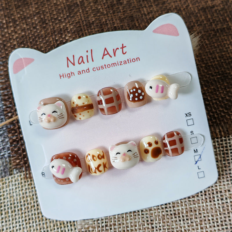 365nails: "caramel kitty" – short round handmade kids press-on nails