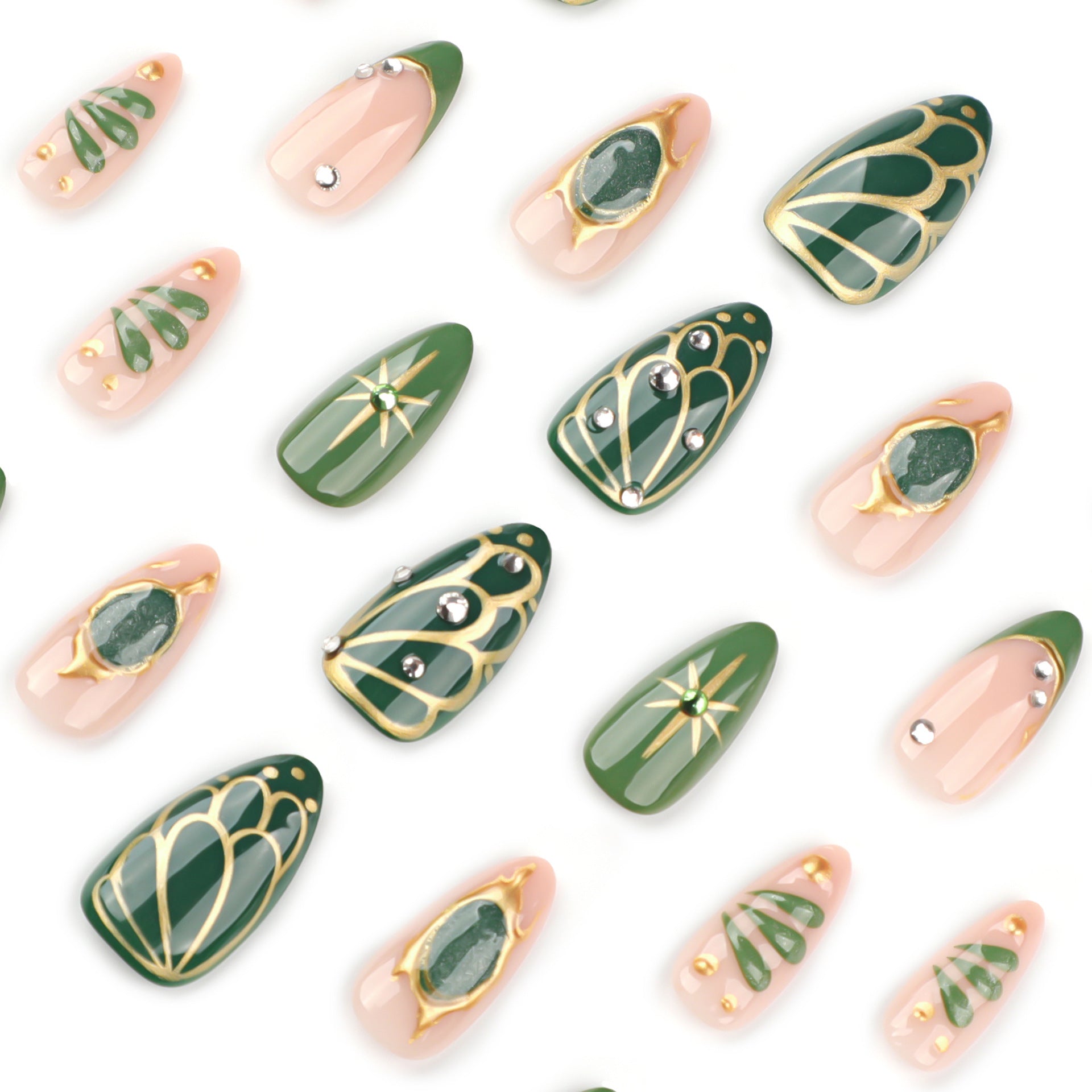 Green Gem Inspired Nails with Gold Metallic Accent Details