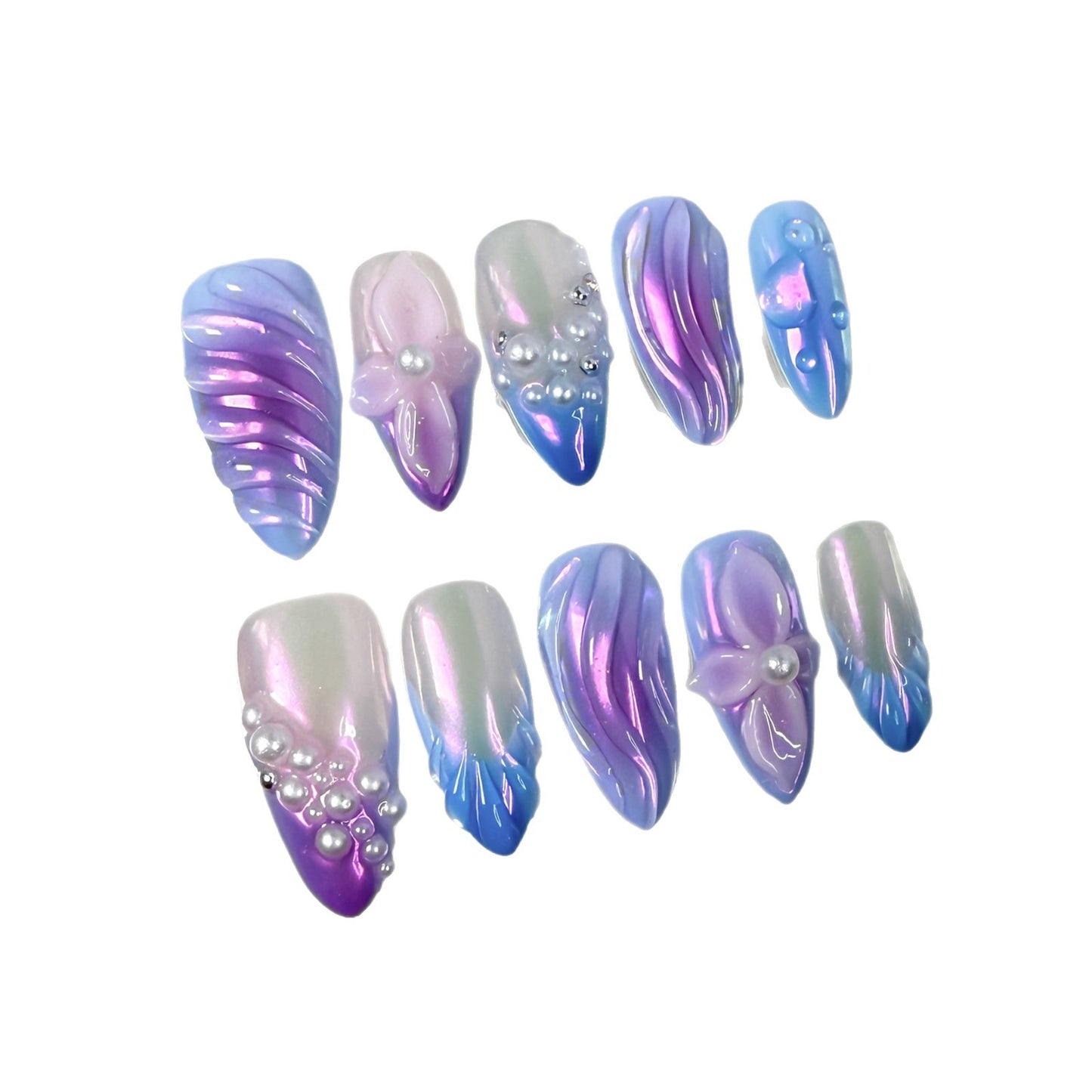 Unhas de pressão com relevo tridimensional, aurora, gelo, transparente, blush, pérola, arte de unha, doce, legal, quente, menina, pura, feita à mão ｜365nails