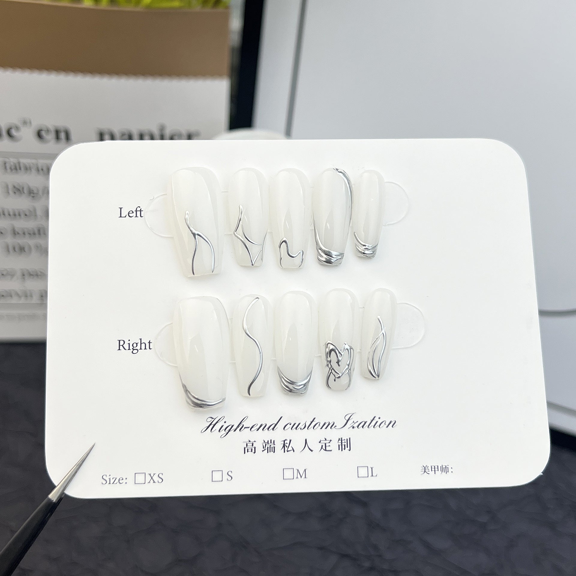 Minimalist Silver Line Art Abstract Chrome Accent White Press-On Nails