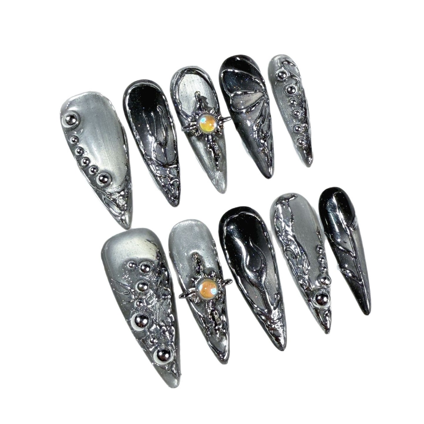 Sweet and cool babes, long-pointed nail art  metal three-dimensional magic mirror powder hand-painted press-on nails pure hand-made batch｜365nails