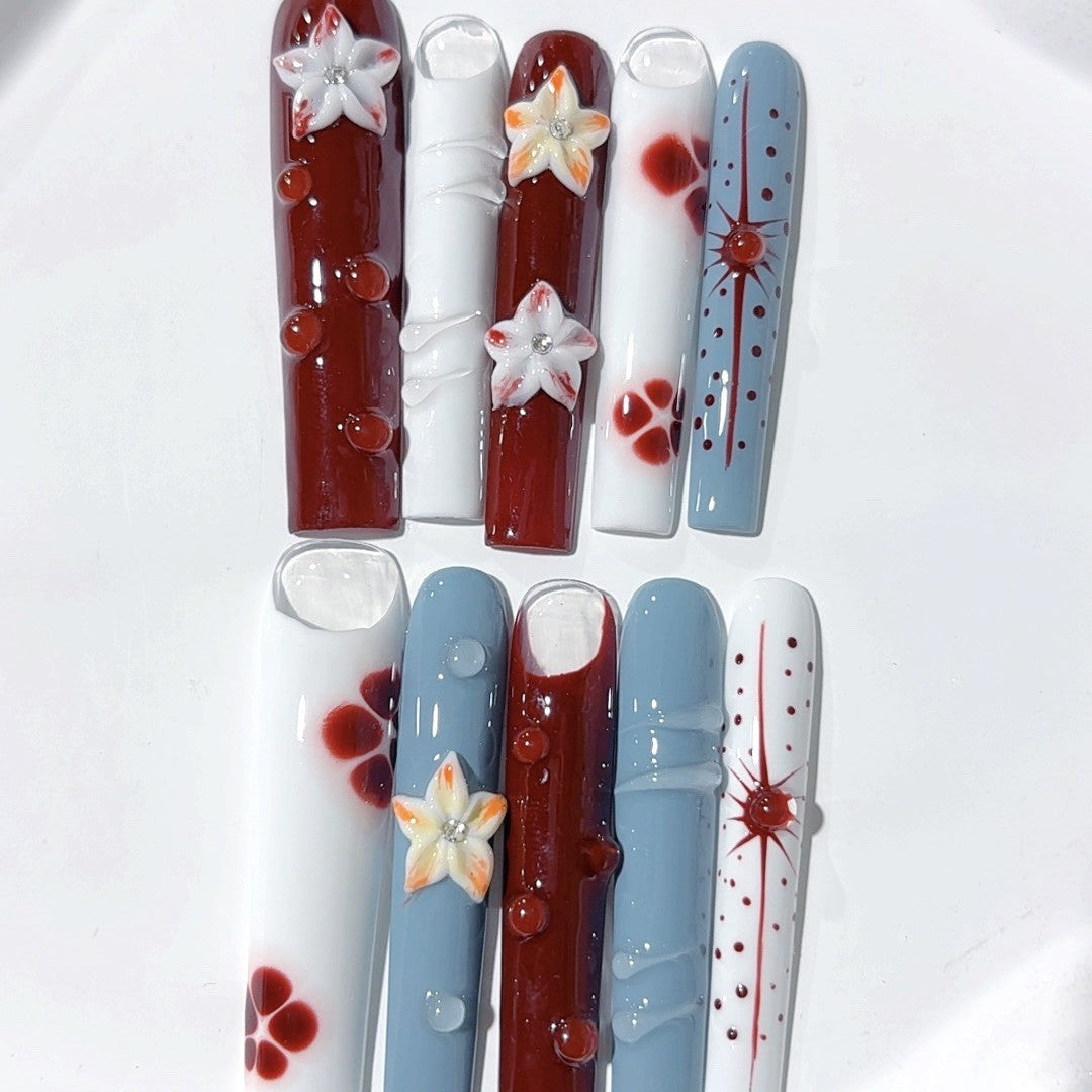 Warm Retro Floral Art Extra Long Press On Nails