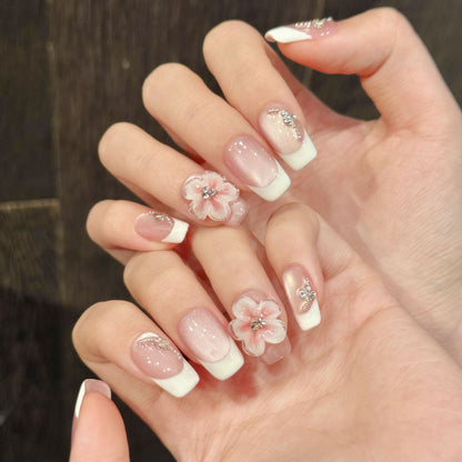 Three-dimensional carving super white cat eye French gentle pure handmade nails | 365nails