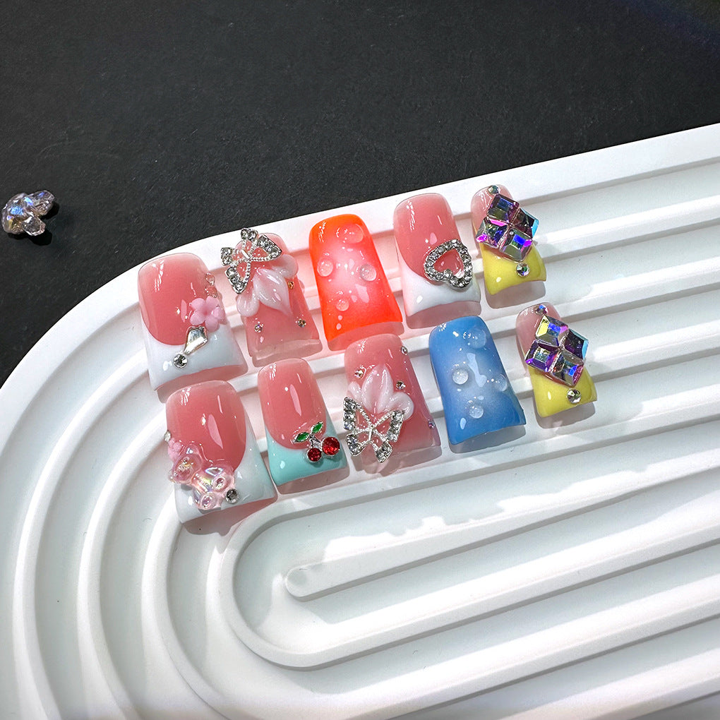 Colorful Crystal Butterfly Glossy Press On Nails