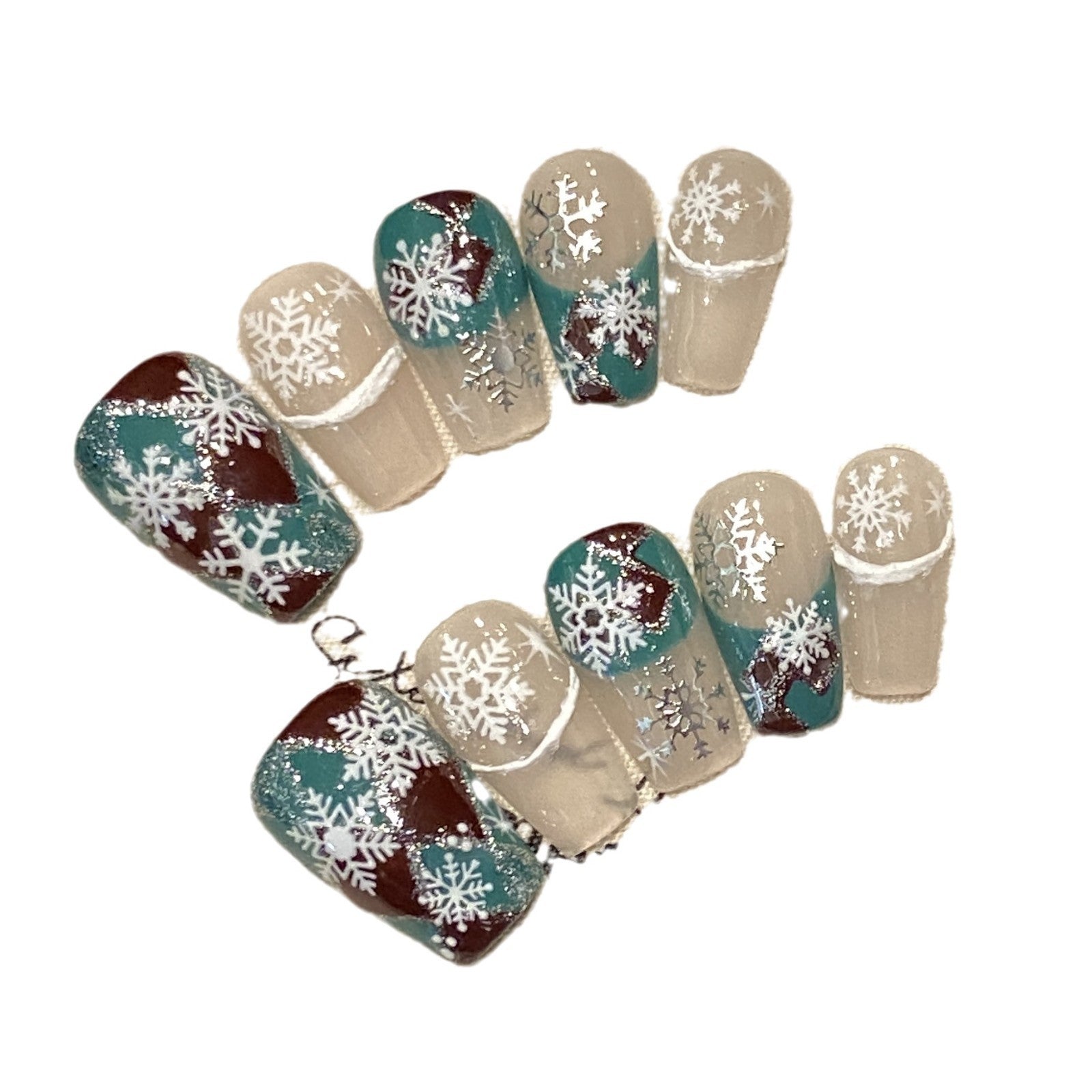 Blue and Red Snowflake Press‑On Nails – Winter Frost Short Design