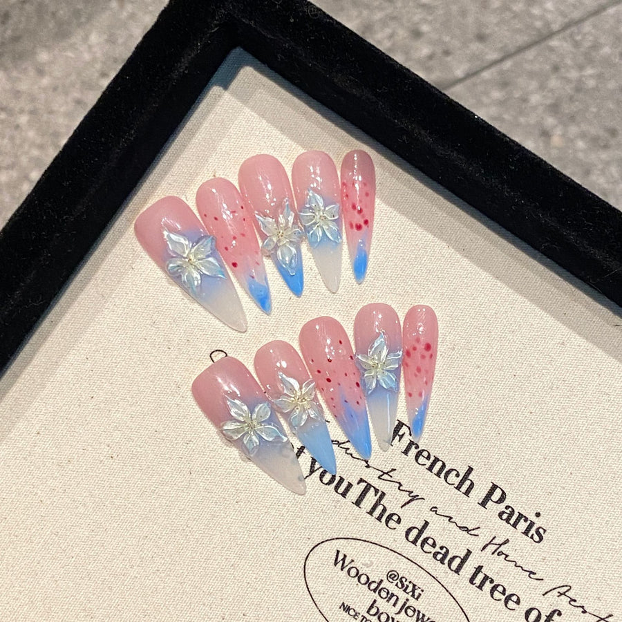 365nails: "Ice Lily" – 3D Floral Gradient Handmade Stiletto Nails