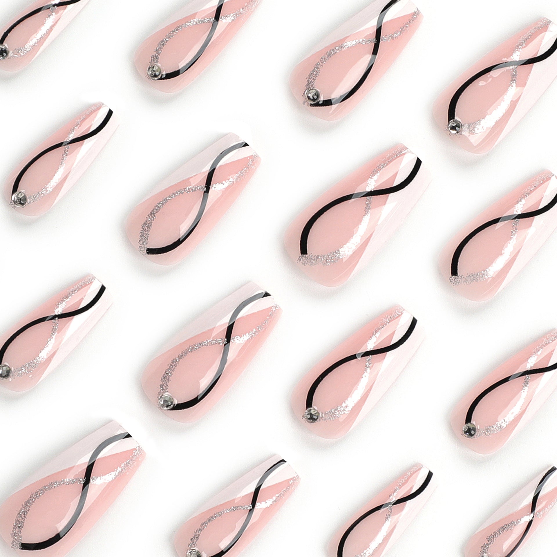 Silver glitter point drill press-on nails wholesale white splicing black line nail piece press on nails｜365nails