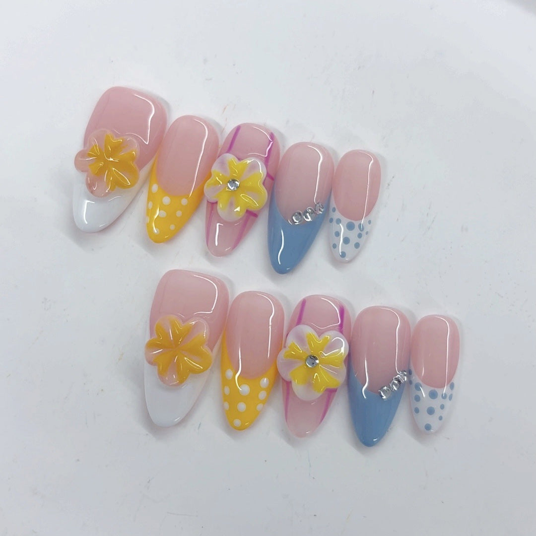 Sweet Pastel: "Rainbow Floral Dots" – Postiças Feitas à Mão, Amêndoa Média, Multicoloridas