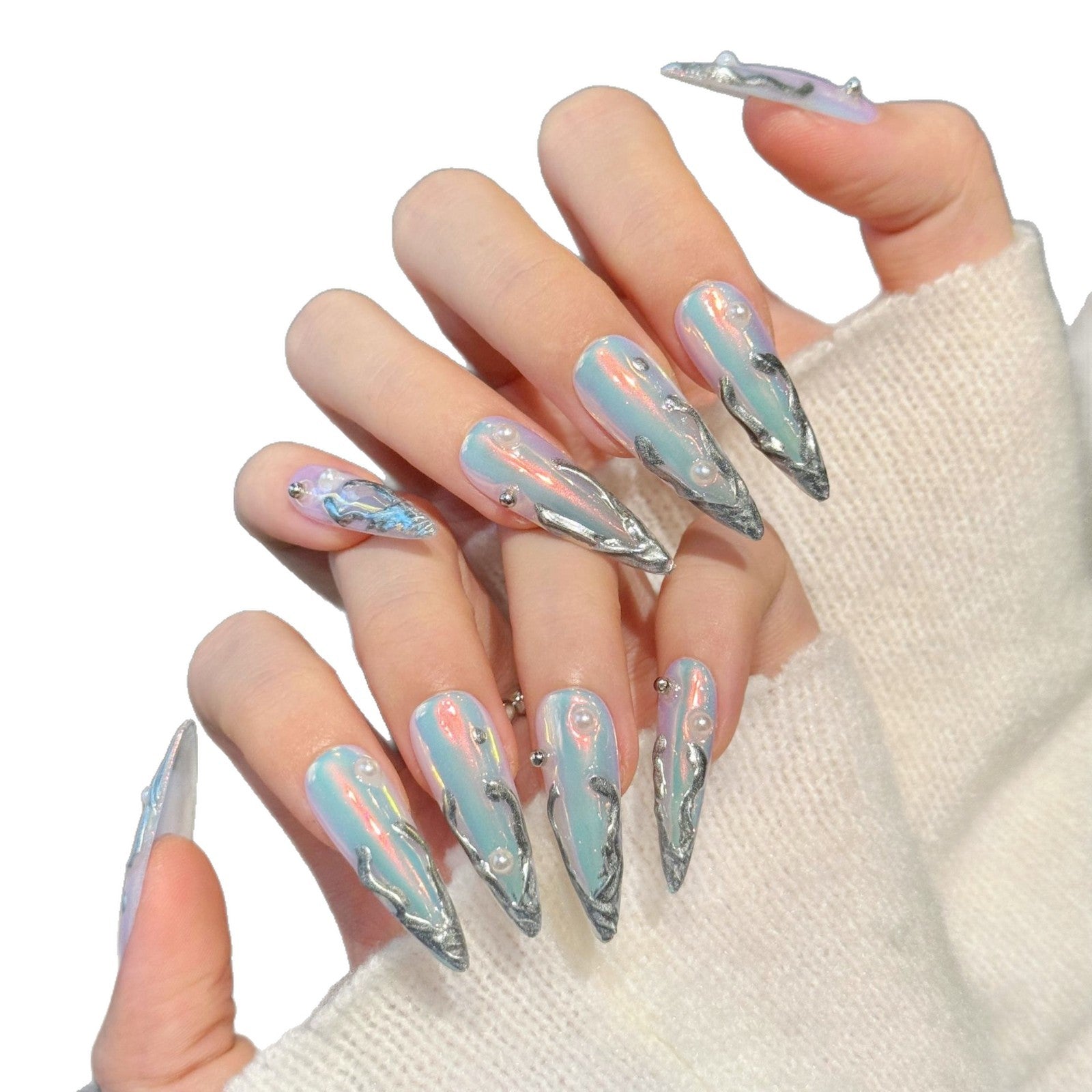 Iridescent Ice Blue Silver Long Press On Nails