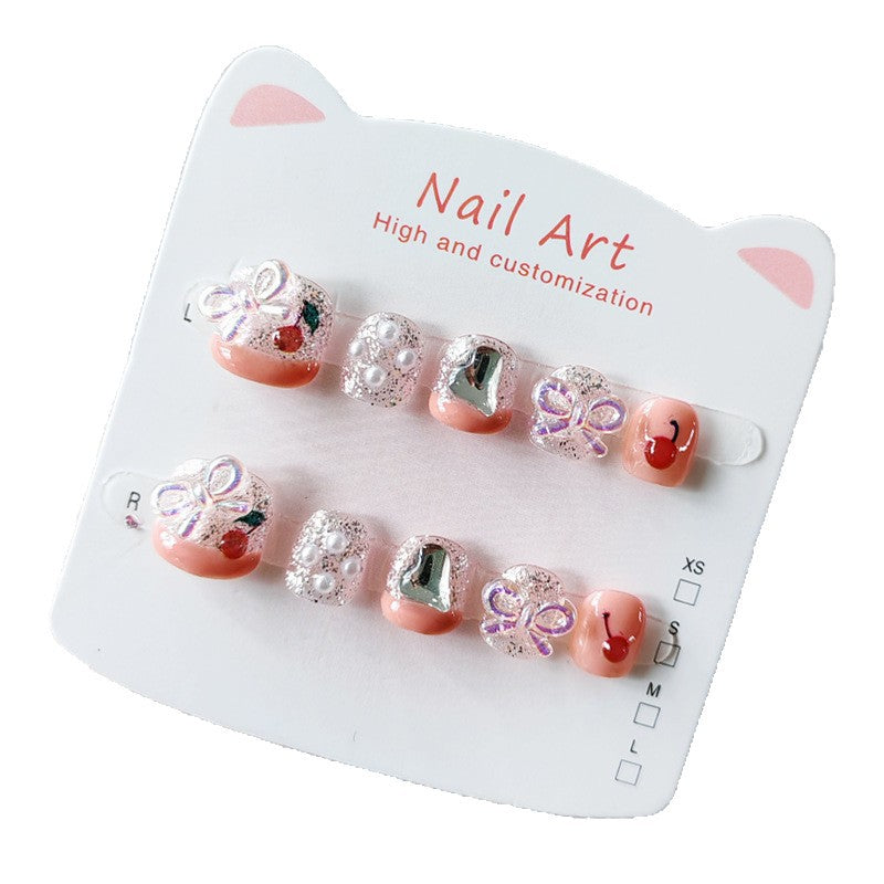 365nails: "sparkling peach cherry" – short round handmade kids press-on nails