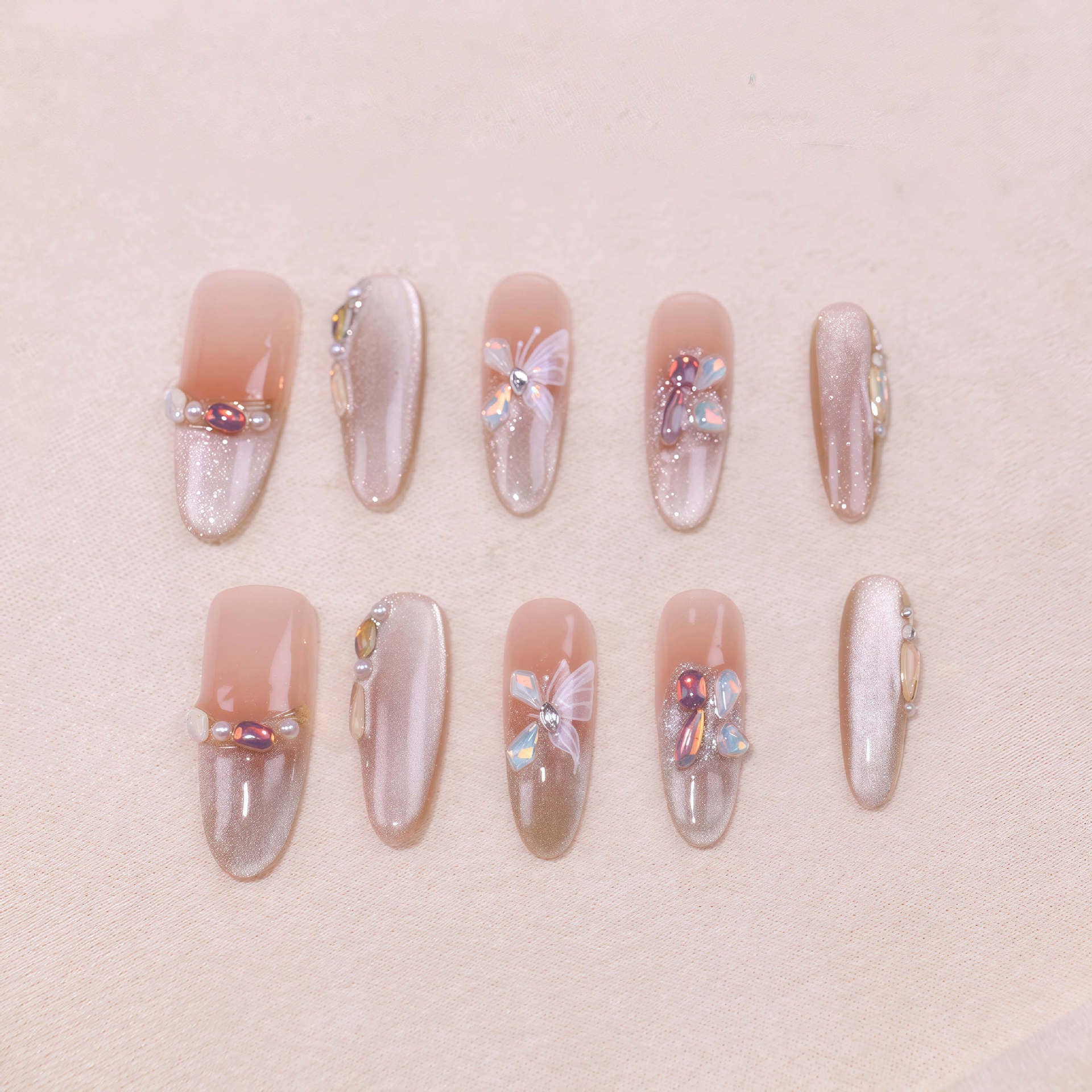 365nails-Dreamy Blush: "Crystal Bloom" – Almond Medium Length Handmade Nails