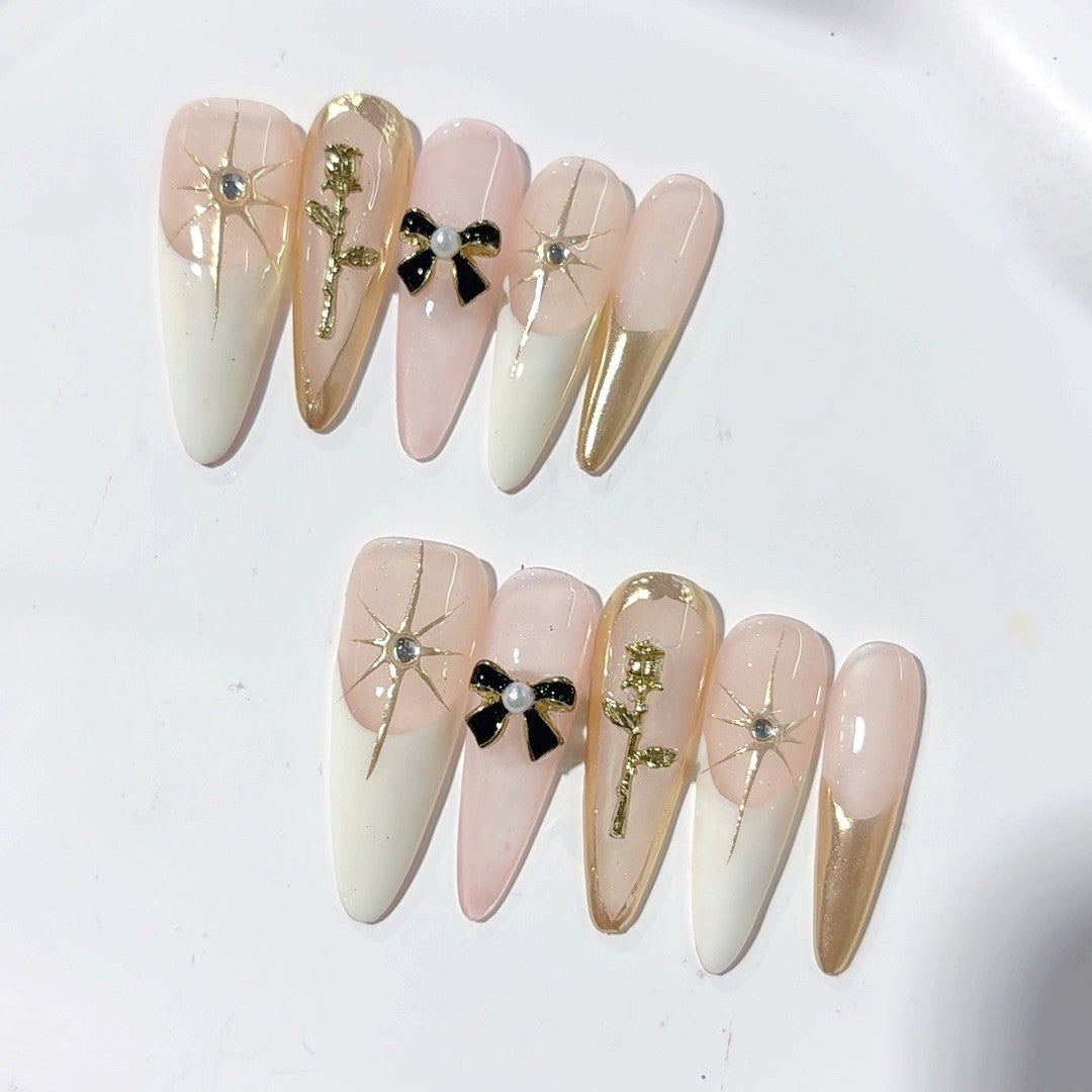 365nails-Golden Elegance: "Rose Bow Star" – Almond Shape Handmade Painted Press-On Nails
