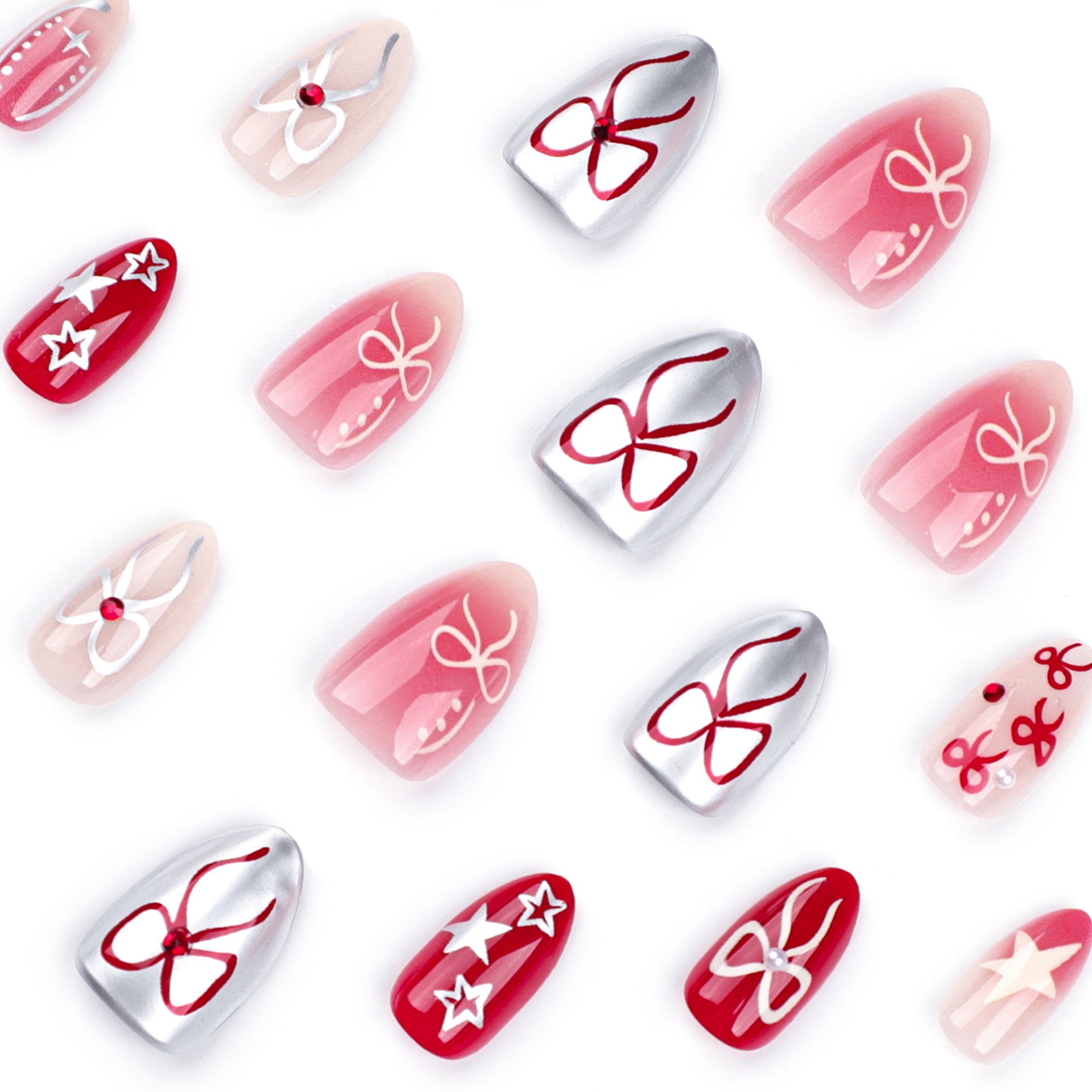 甜美 INS 風蝴蝶結星星腮紅色穿戴甲｜365nails