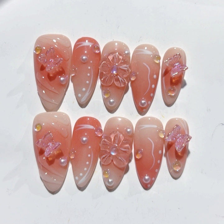 Blush Butterfly: "Peach Blossom Grace" – Almond Press-On Nails
