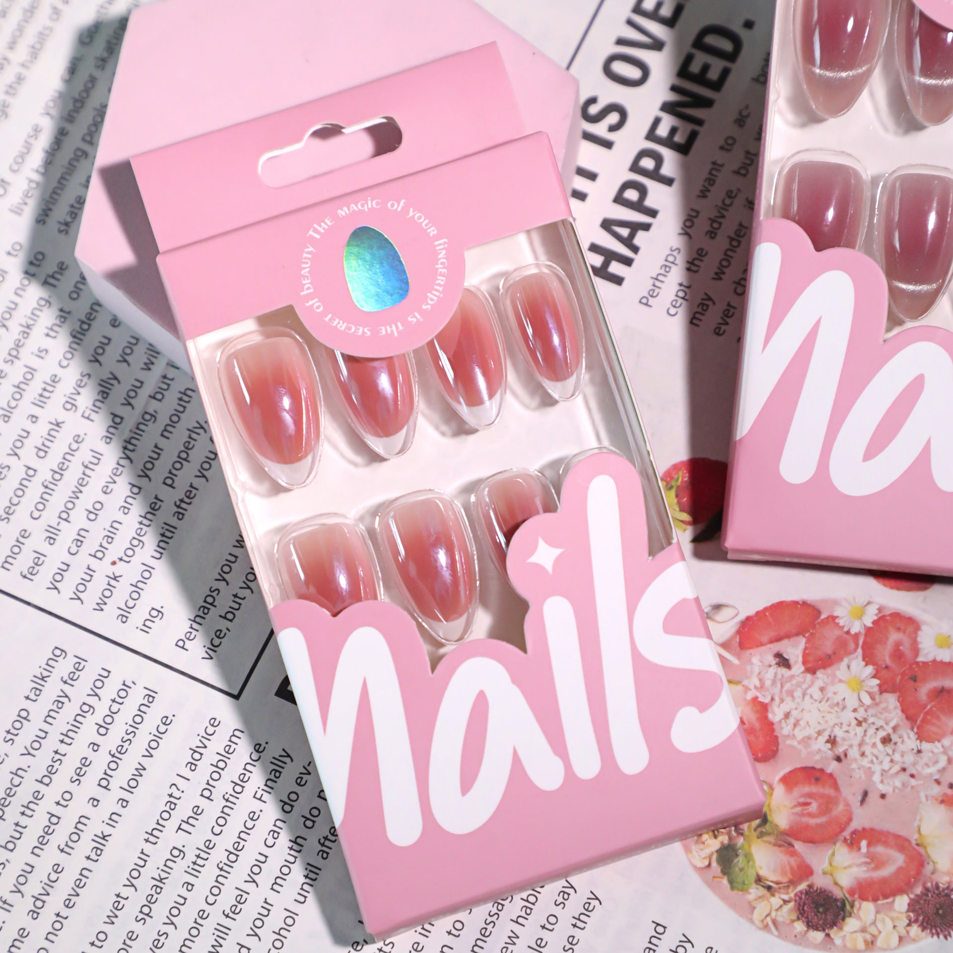 Blush vermelho claro com manchas, revestimento para unhas postiças, peça francesa branca para unhas postiças, esmalte amêndoa, atacado ｜365nails