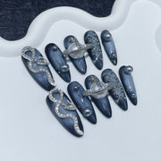 Midnight Blue Galaxy Nails with Serpent Orbit Metal Accents