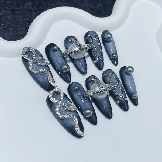 Adesivo de unha longo com estampa de cobra de metal e vento, totalmente feito à mão, Imperatriz Viúva Jiaxi｜365nails