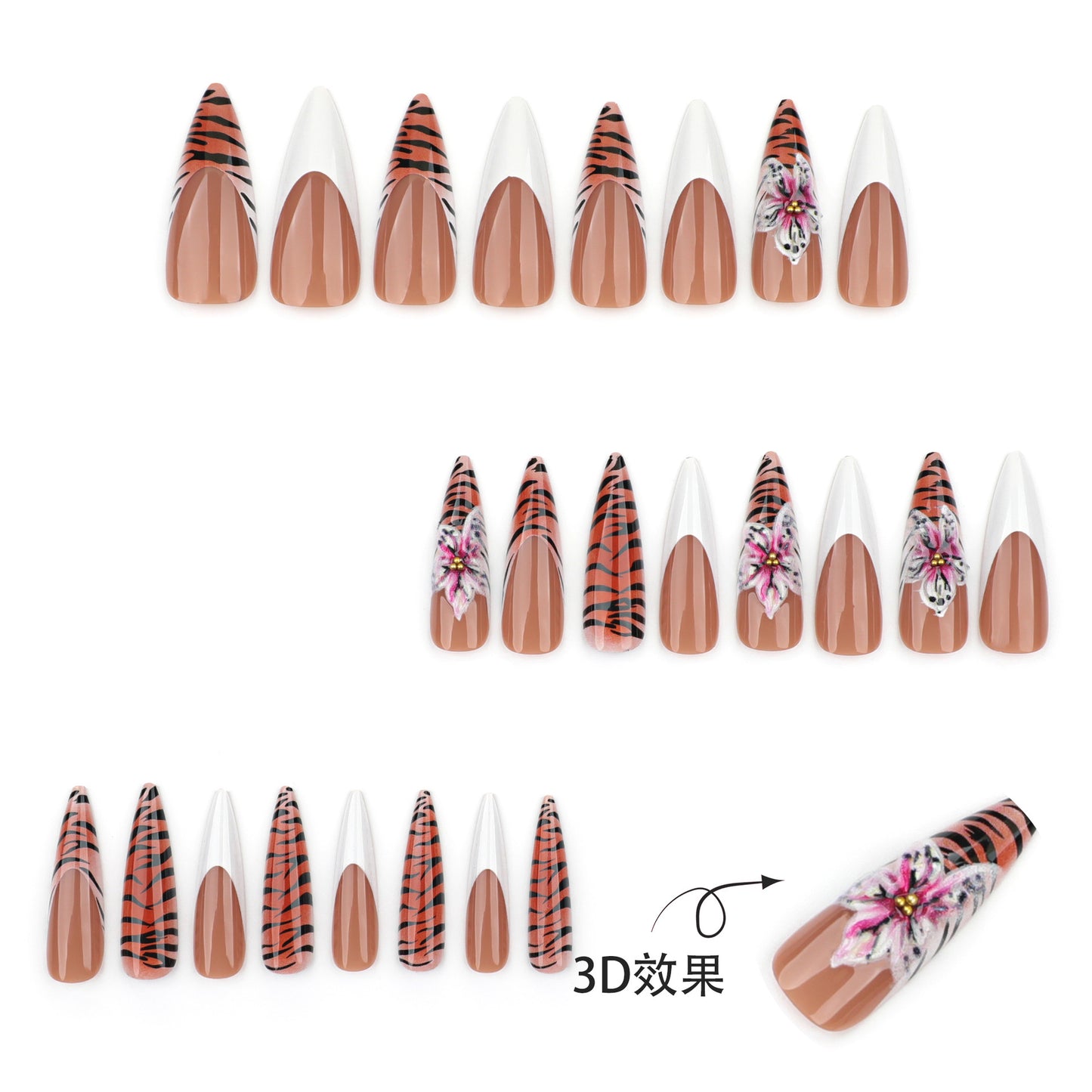 Europa, América, otoño e invierno, manicura popular francesa sencilla blanca para usar, uña postiza con estampado de leopardo en 3D y flores｜365nails