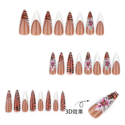 Europa, América, otoño e invierno, manicura popular francesa sencilla blanca para usar, uña postiza con estampado de leopardo en 3D y flores｜365nails