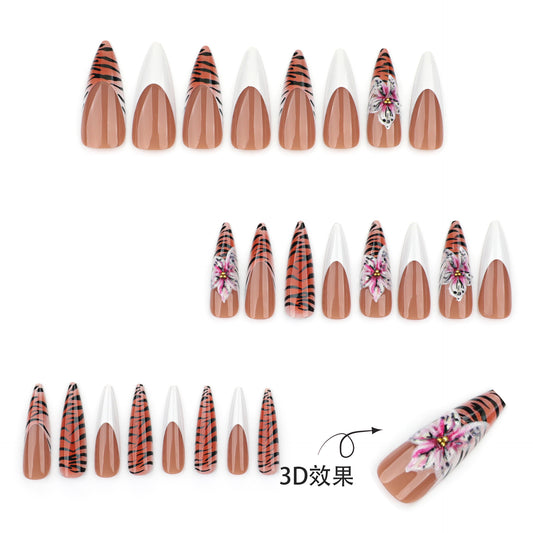 Europe, America, autumn and winter popular manicure French simple white wearable nail piece leopard print 3D flower fake nail｜365nails