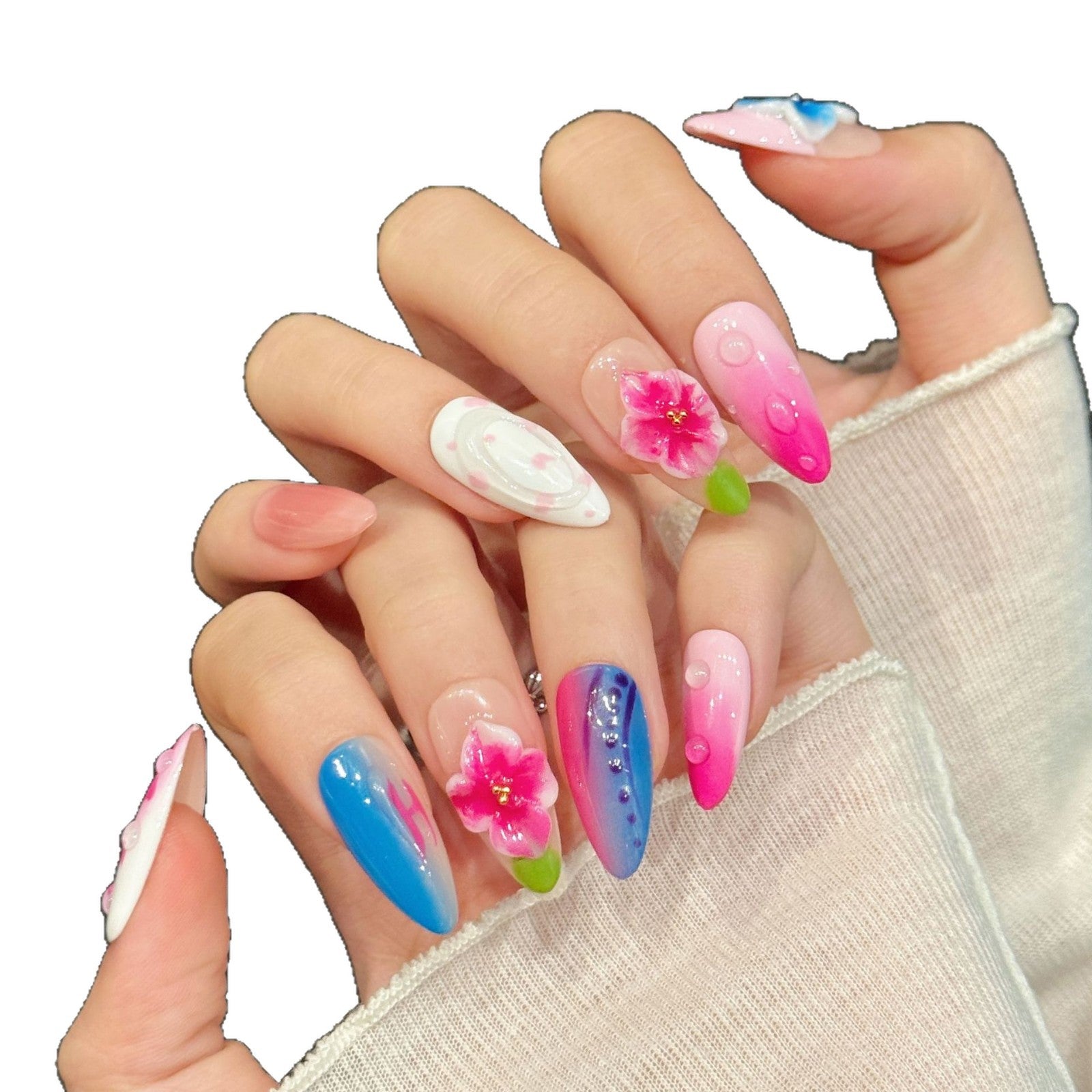 Pink Blue Floral Bright Summer Nails