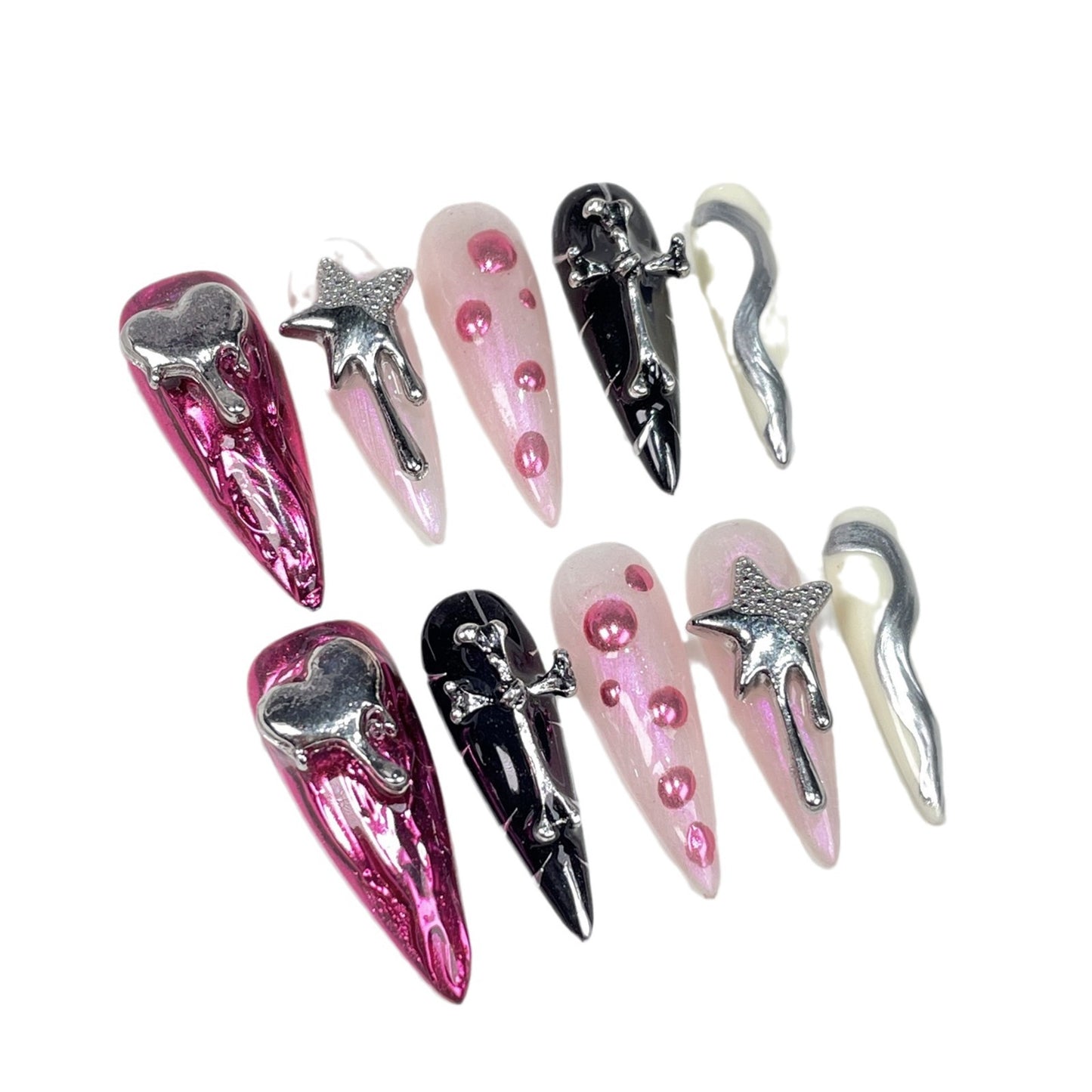 Pegatinas de uñas de Spice Girl con punta larga, hechas a mano, con relieve metálico | 365nails