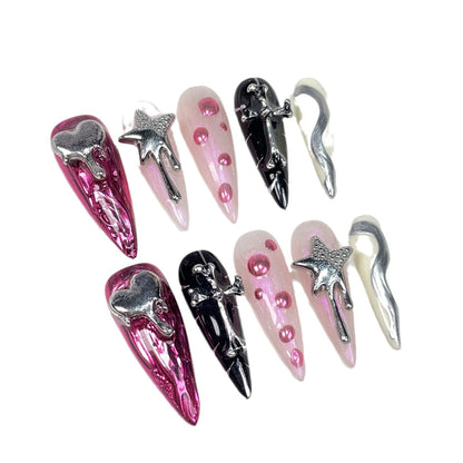 Pegatinas de uñas de Spice Girl con punta larga, hechas a mano, con relieve metálico | 365nails