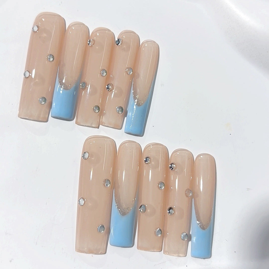 Nude Blue Minimal Crystal Accent Press On Nails
