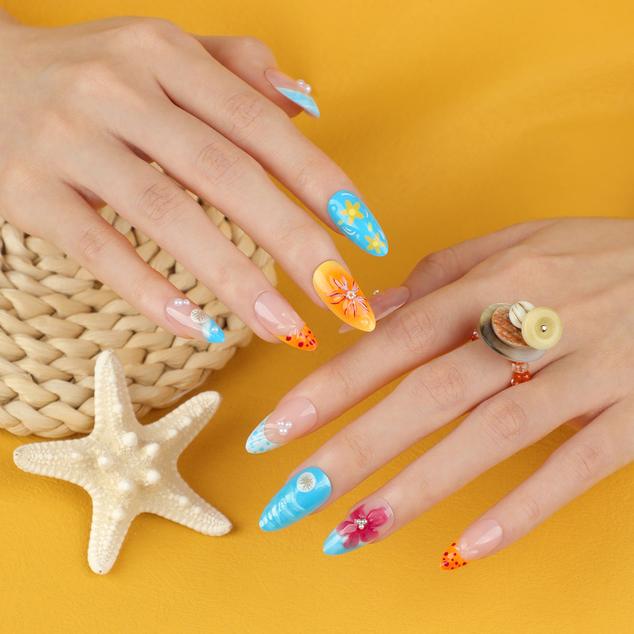 hot-selling tropical 3D tropical flower manicure wearing short almond nail piece  wearing fake nail｜365nails