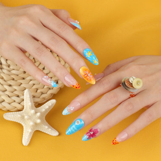 hot-selling tropical 3D tropical flower manicure wearing short almond nail piece  wearing fake nail｜365nails