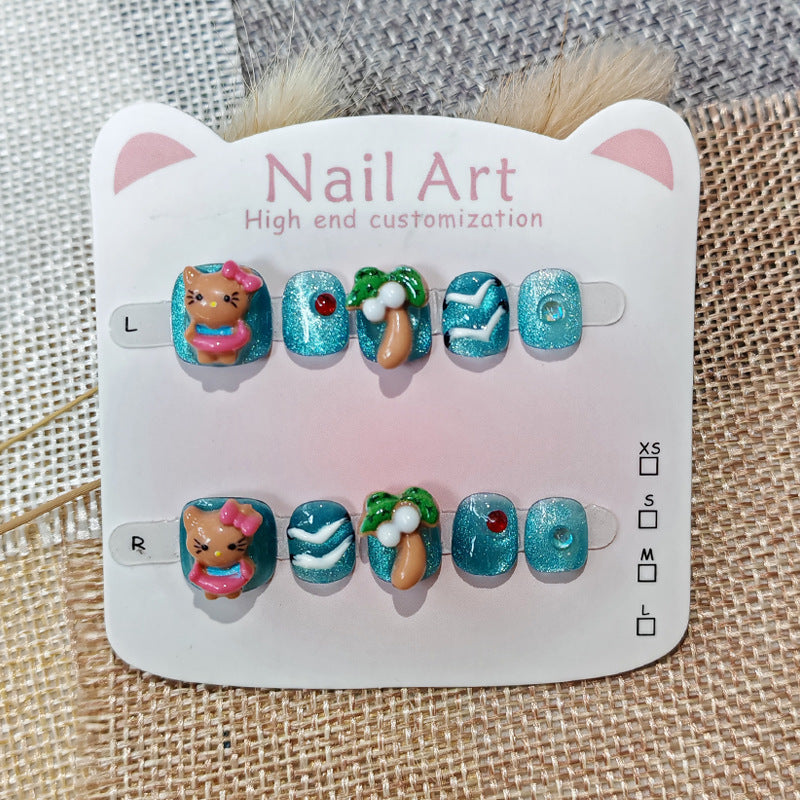 365nails: "hawaiian holiday kitty" – short wide handmade kids press-on nails