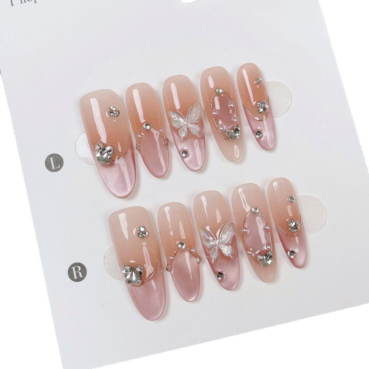 365nails-Ethereal Sheer: "Butterfly Carved" – Long Stiletto French Ombre Handmade Nails