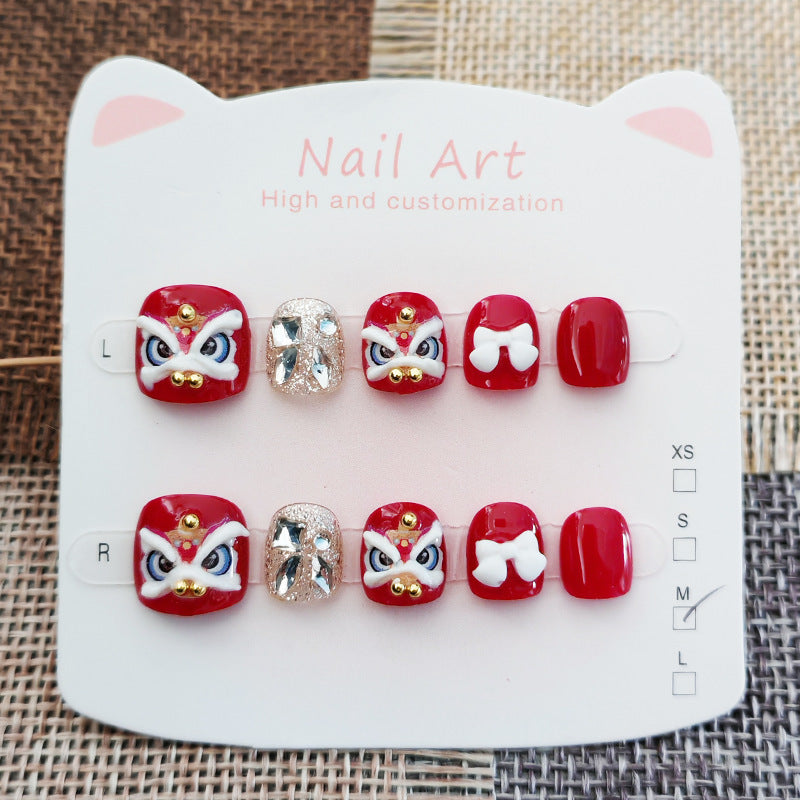 365nails: "auspicious snow lion dance" – short round handmade kids press-on nails