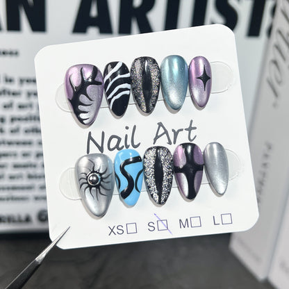 Handmade press-on nails  cat eye hand-painted short nail patch   almond nail｜365nails