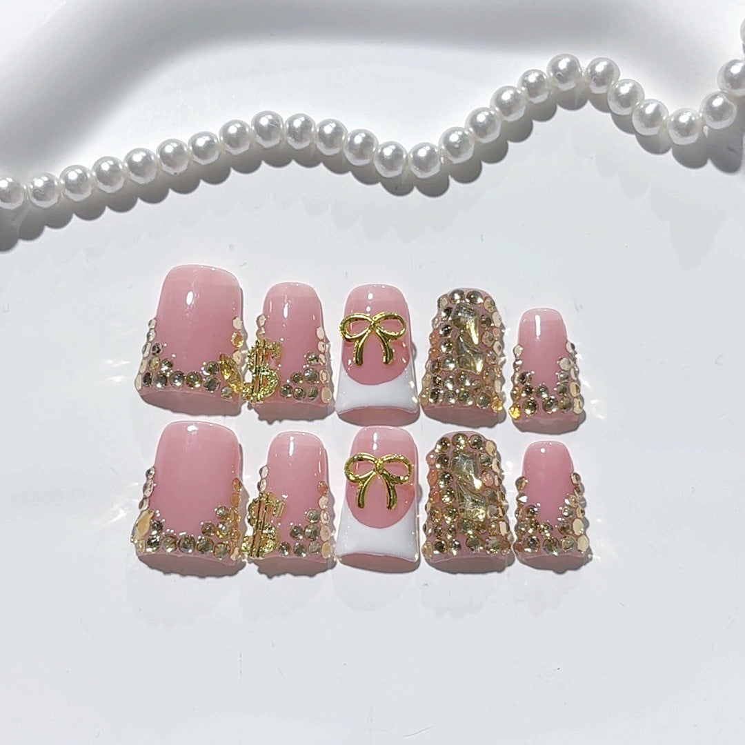 Rich Bling: "Golden Bow & Dollar" – Square Press-On Nails