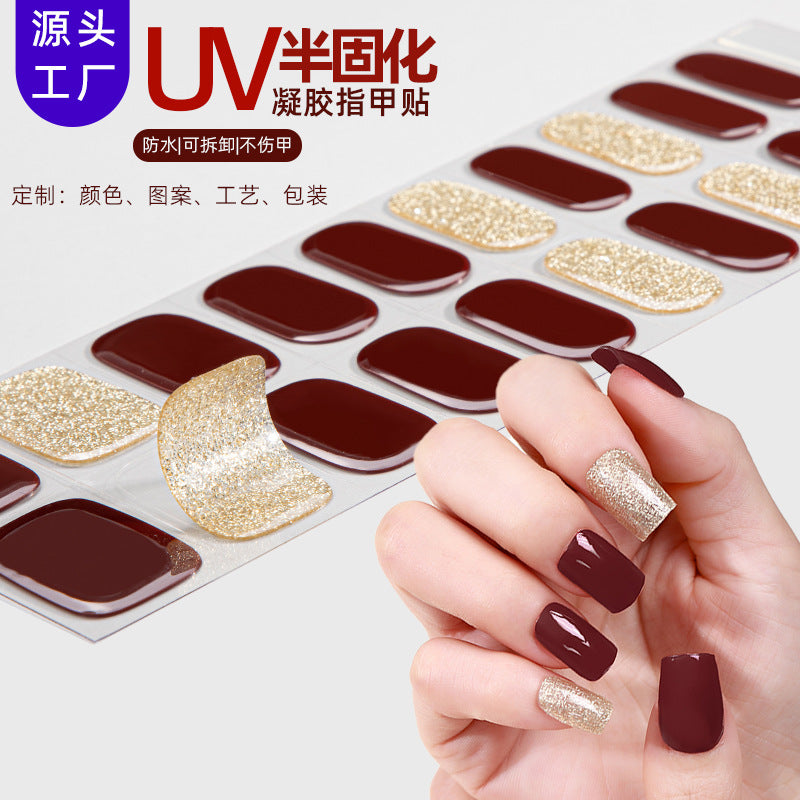 Semi-Cured Gel Nail Strips French Glitter Pink Sparkle Glossy Set (MOQ=3)