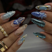 3D海洋珍珠美甲 短款杏仁形穿戴甲 批發｜365nails