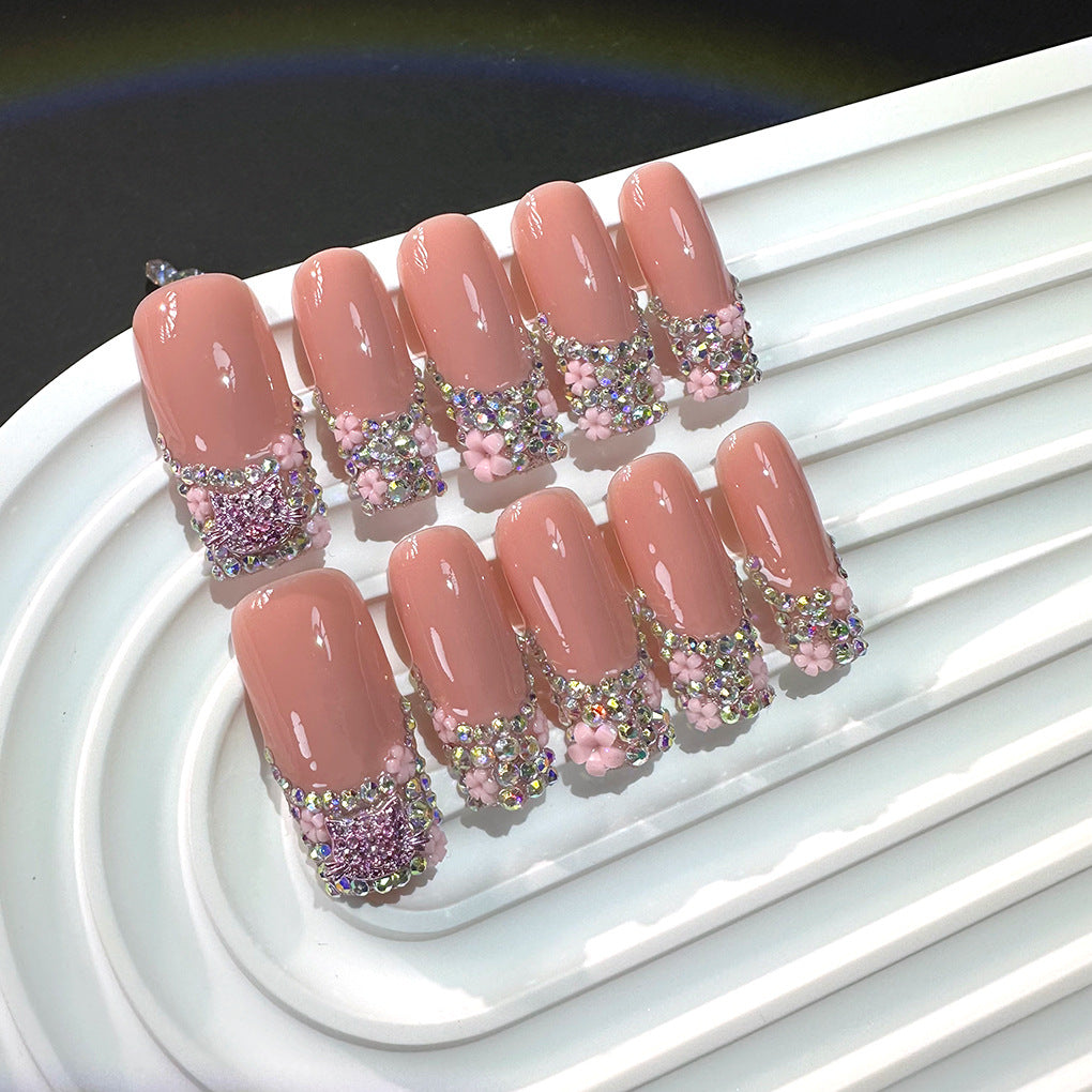 Blush Pink Crystal Bow Duckbill Press On Nails