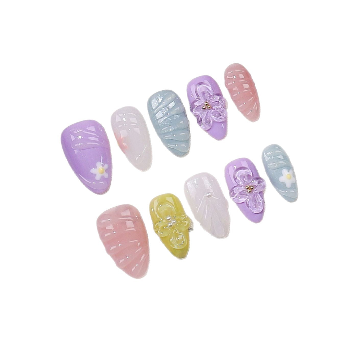 365nails-粉彩夢：「半透花卉」– 短款杏仁形手工製甲片